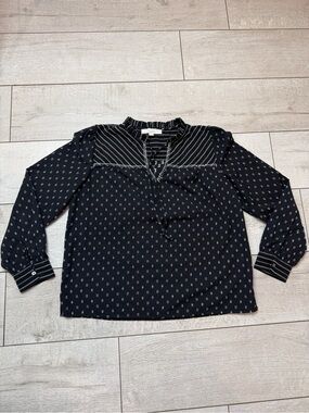 LOFT Black & White Print Blouse Small – Boho Peasant Tie Neck Top
